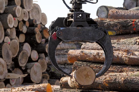 Baumaschine bewegt einen Baumstamm auf dem Gelände der Schlesselmann GmbH.